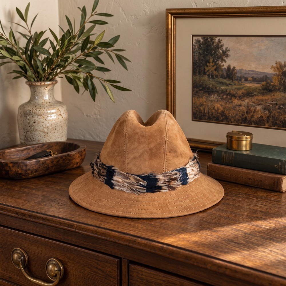Vintage Cavanagh Fedora Hat Mens 7 1/4 Tan Suede Leather Feather Band Western